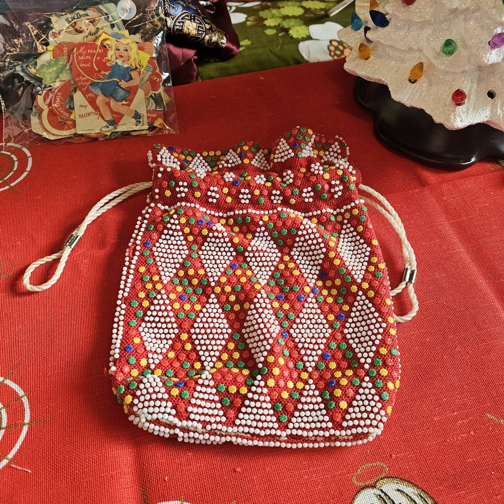 Vintage 1960s Candy Button Beaded Drawstring Bag